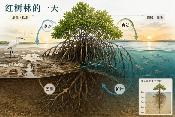 用途：自然科普信息图。横向 3:2，标题“红树林的一天”。画面以一棵完整的红树为中心，剖面同时展示水面以上的树冠、潮间带和泥下根系。时间从左到右由清晨低潮过渡到傍晚高潮：左侧泥滩有招潮蟹、弹涂鱼和白鹭，中间密集的支柱根过滤漂浮物，右侧水位升高后有小鱼群和幼虾进入根系间。用四条清楚的弧形箭头表达“潮汐”“育幼”“固碳”“护岸”，这四个中文标签必须准确；右下角增加简洁比例图，显示根系在泥下的深度。精致自然博物馆展板风格，科学插画与轻写实水彩融合，海水蓝、红树绿、泥土赭色和白色留白，层级清晰。不得出现错误物种、卡通表情、密集小字、品牌或水印。