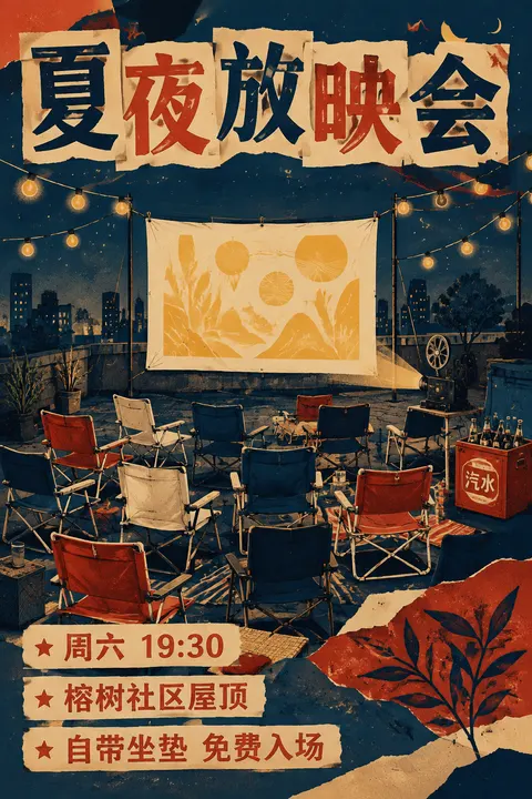 用途：活动海报。设计一张原创中文海报“夏夜放映会”，竖向 2:3。场景是一块社区屋顶，蓝黑色夜空下，一张白色幕布正在播放抽象的金色光影，十几把不同颜色的折叠椅从前景朝向幕布，旁边有老式放映机、汽水箱和一串暖黄色灯泡。画面采用两色孔版印刷与剪纸拼贴混合风格，靛蓝、番茄红、奶油白为主，保留套色偏移、纸张纤维和油墨颗粒。标题“夏夜放映会”占据上方，必须逐字准确；下方信息只出现“周六 19:30”“榕树社区屋顶”“自带坐垫 免费入场”。构图有强烈节奏但信息清楚，像真正可张贴的社区文化海报。不要出现电影名称、人物面孔、英文、二维码、赞助商标志或水印。