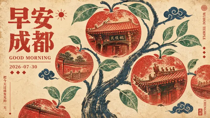 目标：创作一张复古中国凸版印刷风格的早安海报，将成都地标建筑与果树构图相结合，呈现出一种复古集市海报转化为旅行问候印刷品的效果。
画布：横向 4:3 海报，温暖的做旧象牙色纸张背景，带有可见的纹理、斑点、油墨磨损和粗糙的丝网印刷质感，色彩略微褪色，非写实风格。
主视觉：一棵风格化的果树占据海报的右侧和中心。深青黑色树干和树枝向斜上方弯曲，结着像苹果或桃子一样的巨大红果。在果实内部，融入 成都武侯祠 的建筑细节：飞檐红瓦屋顶、红色墙垣、雕花廊柱、装饰脊饰和祠庙剪影，如同分层印刷般融入果实中。使用朱砂红、深青色、柔和绿、奶油色以及少量暖橙色高光的有限配色方案。
精确计算可见的重复元素：展示 4 个巨大的红色建筑果实：1 个位于上方中心的主果实，包含武侯祠主殿屋顶；1 个位于右下中心的大果实，包含主殿屋顶和装饰脊兽；1 个位于中左侧的中型果实，包含红色墙垣与廊柱；以及 1 个在右边缘被裁剪的部分果实。在左下边缘添加 1 个较小的被裁剪的红色部分果实。展示 3 个深海军蓝装饰云纹：1 个靠近左中部的果实，1 个在上部树枝右侧，1 个靠近右下方的果实。展示大量叶片，但需使 9 片叶子清晰可见且突出：2 片靠近顶部中心，3 片在右上树枝上，2 片围绕中右树枝，2 片靠近左下区域。在标题附近添加 1 个红色小太阳图标。
排版：在左侧，放置醒目的堆叠式中文标题，使用做旧的红色大号粗体字，内容为 早安\n成都。在标题下方，放置小号英文文本 "GOOD MORNING"、一条细红分割线以及日期 2026-07-30。在下方添加三个红色菱形标记。在最左侧下边缘，放置竖排中文文本 把今天过成发光的一天。，后接一条极简红色竖线和小圆点装饰。
右侧文本：沿右上边缘，添加竖排英文文本 WUHOU TEMPLE，上方有一个微小的红色圆形印章，下方有三个红色菱形标记。沿右下边缘，添加竖排英文文本 "CHENGDU" 以及一个包含汉字 "成都" 的红色小方印。
视觉风格：中国现代复古海报设计，受孔版印刷和木刻版画影响，套色不准，油墨边缘粗糙，半透明叠印，扁平图形，构图大胆，具有 20 世纪 60 年代集市海报的怀旧感，优雅而俏皮。保持字体清晰易读，同时保留做旧的油墨质感。
约束：保留精确计算的物体数量和海报布局，避免添加额外地标，避免照片级真实感，避免光泽渐变，无水印，无二维码，除指定的海报文本外，不得添加任何额外文字。