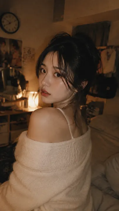 9:16 vertical candid portrait of a young Korean woman glancing back over her shoulder in a dimly lit bedroom. She wears a loose off-shoulder cream knit sweater with a thin strap camisole underneath. Hair pulled up in a messy bun with loose strands framing her face. Warm amber ambient lighting from a single bedside lamp, slightly cluttered room background with a wall clock, vanity shelf, and scattered items creating a lived-in feel. Soft focus on the background, sharp focus on the face and shoulder. Natural skin texture with subtle warm glow, slightly parted lips, gentle eye contact with the camera. Vintage film grain, muted warm tones, lowered contrast, slight vignette. Intimate candid photography mood, Korean idol photobook aesthetic, no watermark, no text.9:16 vertical candid portrait of a young Korean woman glancing back over her shoulder in a dimly lit bedroom. She wears a loose off-shoulder cream knit sweater with a thin strap camisole underneath. Hair pulled up in a messy bun with loose strands framing her face. Warm amber ambient lighting from a single bedside lamp, slightly cluttered room background with a wall clock, vanity shelf, and scattered items creating a lived-in feel. Soft focus on the background, sharp focus on the face and shoulder. Natural skin texture with subtle warm glow, slightly parted lips, gentle eye contact with the camera. Vintage film grain, muted warm tones, lowered contrast, slight vignette. Intimate candid photography mood, Korean idol photobook aesthetic, no watermark, no text.