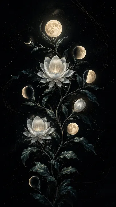 用途：手机壁纸。竖向 9:16 的原创天文植物插画。深墨黑夜空中，一株从底部向上生长的银白色月下美人，细长枝叶沿 S 形舒展；八个月相从新月到满月像植物果实一样自然悬在不同枝条间，最亮的满月位于上方三分之一处。花瓣边缘带珍珠般冷光，叶片是深孔雀绿，背景散布极细的星尘和两三条淡金色轨道线。结合精细植物铜版画与安静的现代数字插画，暗部层次丰富，中央主体清晰，上下留出手机图标可读空间。不得出现人物、建筑、文字、星座名称、边框、品牌或水印。