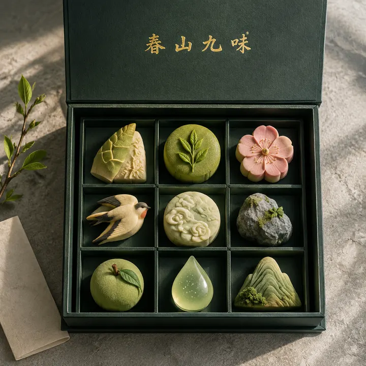 用途：食品电商主图。俯视拍摄一盒原创的中式节气点心“春山九味”，方形构图。深墨绿色硬纸礼盒平放在浅灰石材桌面，盒盖打开，内部九枚点心按 3×3 严格排列，每枚造型都不同：竹笋、茶芽、桃花、春燕、云纹、溪石、青梅、雨滴、小山。点心以艾草绿、米白、浅粉和淡茶色为主，表面有真实糯米粉、酥皮和手工压花纹理。旁边只放一枝新鲜茶芽和一张折叠的无字棉纸。柔和窗光，阴影自然，高级但不浮夸，礼盒边缘和九宫格必须完整可见。盒盖上只出现烫金中文“春山九味”，必须准确清楚；不得出现其他文字、餐具、人物、品牌、二维码或水印。