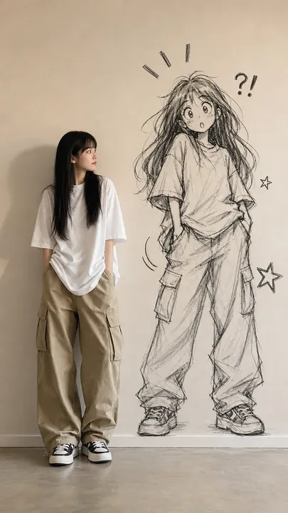 创作一张竖构图的写实摄影与手绘墙面涂鸦艺术相结合的图像。画面左侧站着一位年轻的东亚女性，背景是一面简洁的暖米色室内墙壁，全身可见，从头部到运动鞋，光线柔和，宛如一张随性的时尚肖像。她留着黑色长直发，带有刘海，表情文静略带羞涩，侧头看向涂鸦。她穿着一件超大号的 白色 T 恤，非常宽松的 卡其色 工装裤，裤侧带有大口袋，脚穿黑白拼色厚底运动鞋。她的双手插在裤兜里，姿态放松而整洁。在墙面的右侧，画一个与真人等大、略高一些的黑色炭笔涂鸦版女孩，形象更调皮且富有表现力：大大的惊讶双眼、凌乱的长发、超大号 T 恤、宽松工装裤、双手插兜，姿态夸张松散。在涂鸦角色周围精确添加 5 个独立的装饰元素：头顶上方三道短促的感叹射线，头部右上方一个“?!”符号，躯干右侧一颗小星星，臀部区域右侧一颗较大的星星，以及左侧口袋附近的一条弧形动感线。涂鸦要保持草图感和活力，呈现黑灰色调，带有明显的涂鸦阴影和不完美的铅笔笔触，仿佛直接画在墙上一样。真人女性在左侧墙面上投下柔和的阴影。极简的工作室风格房间，地面为平滑的水泥地，配有低矮的白色踢脚线，无额外道具，无水印，无说明文字。运用自然的比例、逼真的织物褶皱、柔和的暖光，展现文静真人与她狂野插画分身之间的趣味对比。