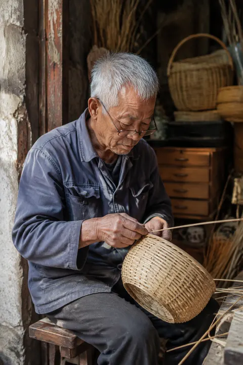 用途：职业人物写真。拍摄一位约 65 岁的中国男性竹编匠人在临街老作坊里编制竹篮。他头发花白、皮肤有真实皱纹和日晒痕迹，戴一副老花镜，穿褪色的灰蓝色工作衫，手指有轻微茧和竹屑。他坐在矮木凳上，低头把一根细竹篾穿入半成品篮筐，动作自然准确。背景有成捆竹篾、旧木柜和完成的篮子，环境真实但柔和虚化。竖向环境肖像，35mm 纪实摄影，门口午后自然光照亮手部和侧脸，朴素暖色调，细腻胶片颗粒，不摆拍、不看镜头、不年轻化、不磨皮。不得出现旅游商业标牌、文字、品牌或水印。