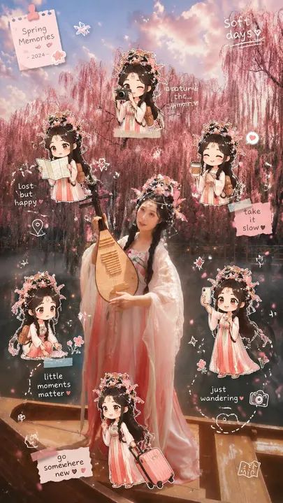 将上传的旅行照片转换为趣味十足的旅行手账风格 Q 版拼贴画，同时保留原始照片作为底图。

保持原始照片的可辨识度和结构完整性。保留照片中人物的面部特征、表情、体型、姿势、服装、光影以及真实的背景。请勿替换人物、更改其身份、重绘面部或改变真实的旅行场景。编辑效果应呈现出插画和手账元素叠加在真实照片之上的质感。

添加 4 到 7 个上传照片中人物的可爱 Q 版迷你形象。每个迷你角色都应基于同一个人，保持一致的面部特征、发型、服装细节和整体个性。使用大头 Q 版比例、生动的表情、精致的细节以及轻盈的卡通渲染效果。

让每个迷你角色做出不同的自然旅行动作。选择多样化的抓拍瞬间，例如拍照、边走边看、看地图、查看导航、拉行李箱、喝咖啡、欣赏风景、在景点旁摆姿势、蹲下观察花朵或街道细节、用手机拍摄、头发被风吹起、因迷路而四处张望或开心地跳跃。姿势应显得自然且富有生活气息，仿佛是在真实的旅途中被捕捉到的，而非刻意摆拍。

叠加手绘涂鸦、手写笔记和贴纸般的细节，营造出轻松的旅行手账风格。主要使用白色和柔和的粉色作为点缀，线条采用略显不规则的手绘风格。包含箭头、星星、爱心、闪光、小飞机、定位图标、虚线路线、手绘圆圈、胶带纸、贴纸以及细小的装饰符号。

添加 3 到 6 个与旅行心情和回忆相关的简短英文手写短语。每次更换不同的短语，不要使用固定的组合。语气示例包括：“go somewhere new”、“chase the horizon”、“little moments matter”、“memory unlocked”、“lost but happy”、“soft days”、“just wandering”、“no plans, just go”、“take it slow”、“follow the sun”、“breathe and see”、“quiet joy” 以及 “this feels right”。

将手写短语放置在人物、迷你角色或旅行动作附近，使文字与图像自然融合。避免使用整齐或正式的字体。书写应显得随意、个性化，就像是随手添加在旅行日记中一样。

最终图像应呈现出轻盈、治愈、通透、可爱且放松的氛围，并带有一种自由感和旅行怀旧感。保持真实照片与微妙插画增强效果之间的平衡。观众应首先将其识别为一张真实的旅行照片，随后注意到迷人的 Q 版角色和手账细节。

请用户上传一张他们自己的照片作为主要人物参考。以该上传的人物为基础，制作一个旅行剪贴簿风格的 Q 版拼贴画，重点展现剪贴簿布局、Q 版涂鸦、贴纸元素以及俏皮的旅行日记风格。用户也可以描述想要包含的旅行瞬间，例如拍照、喝咖啡、看地图或购物